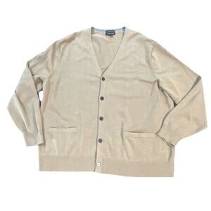 Lands End Cardigan Tan Grandpa V Neck Fine Gauge Cotton Sweater Minimalist 2XL